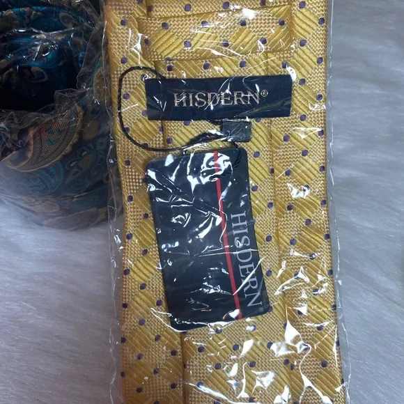HISDERN Mens 3 Pcs Neckties Tie and Pocket Square Set Blue Yellow - Picture 11 of 11